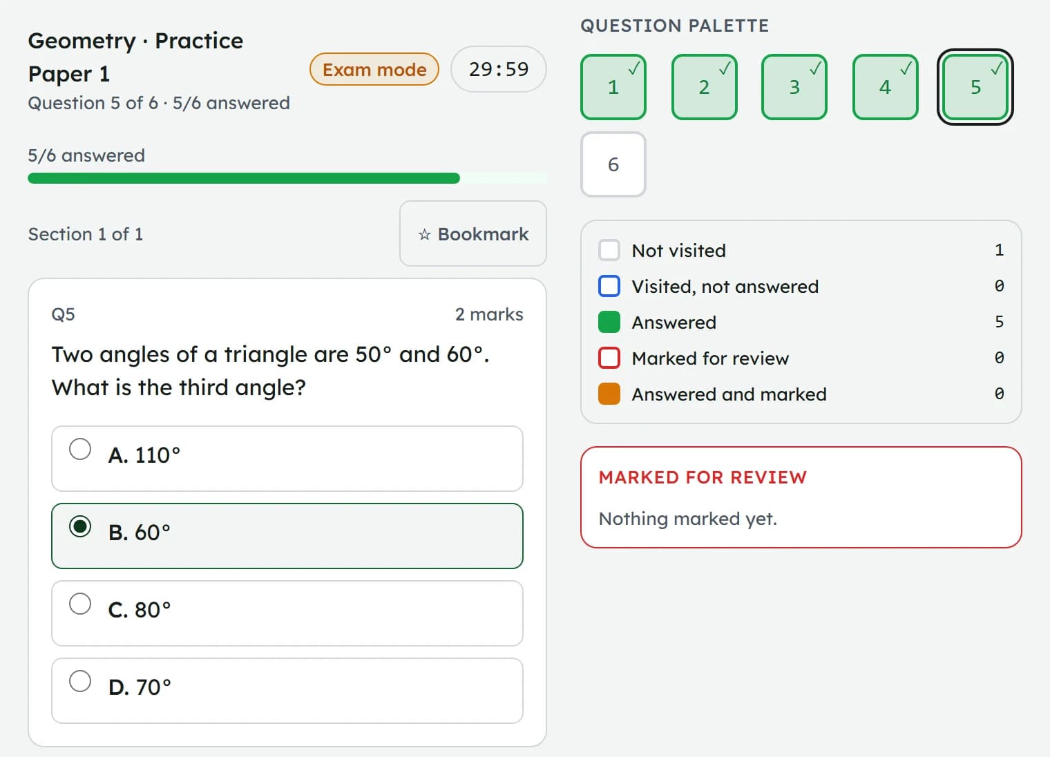 MyRevise in exam mode: a question with one answer chosen, the timer running and the question list showing progress.